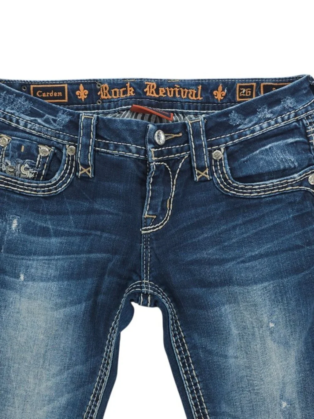 ROCK REVIVAL Carden Straight Blue Jeans Distressed Embellished Size 26
